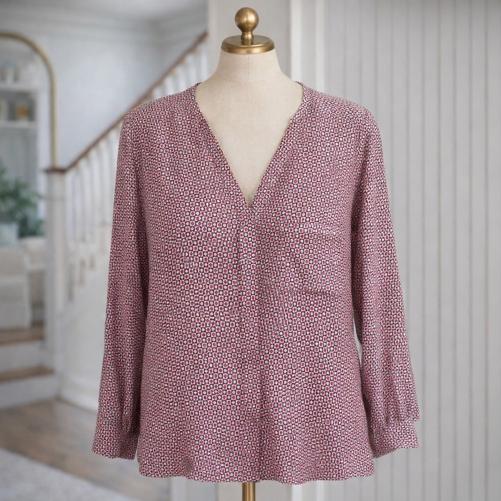 Joie Venicia 100% Silk Geometric Square Blouse in Navy Red Medium